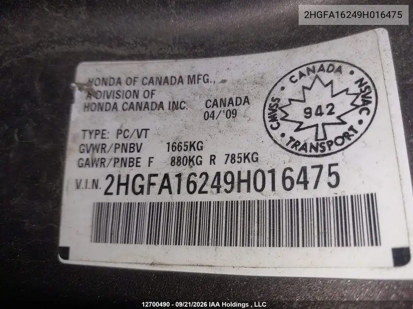 2009 HONDA CIVIC VIN 2HGFA16249H016475 — фото 19