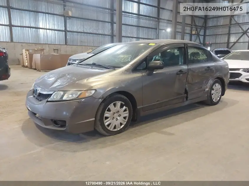 2009 HONDA CIVIC VIN 2HGFA16249H016475 — фото 2