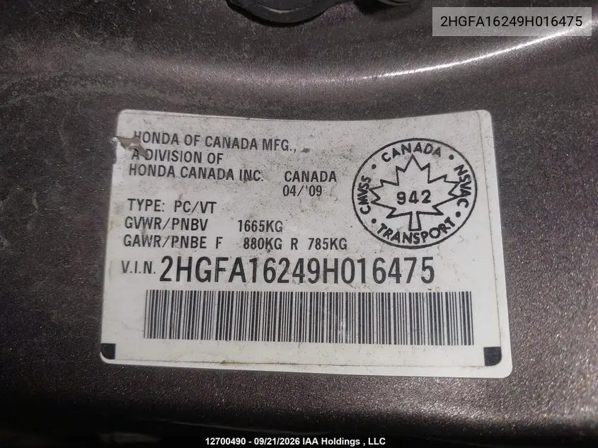 2009 HONDA CIVIC VIN 2HGFA16249H016475 — фото 9