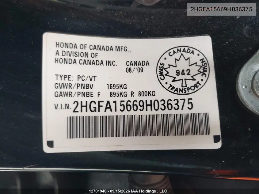 2009 HONDA CIVIC VIN 2HGFA15669H036375 — фото 19