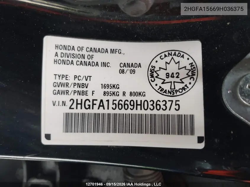 2009 HONDA CIVIC VIN 2HGFA15669H036375 — фото 9