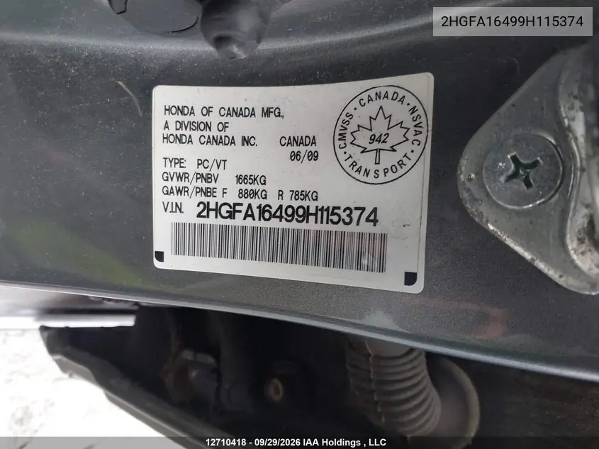 2009 HONDA CIVIC VIN 2HGFA16499H115374 — фото 9