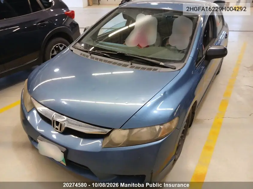 2009 HONDA CIVIC VIN 2HGFA16229H004292 — фото 2