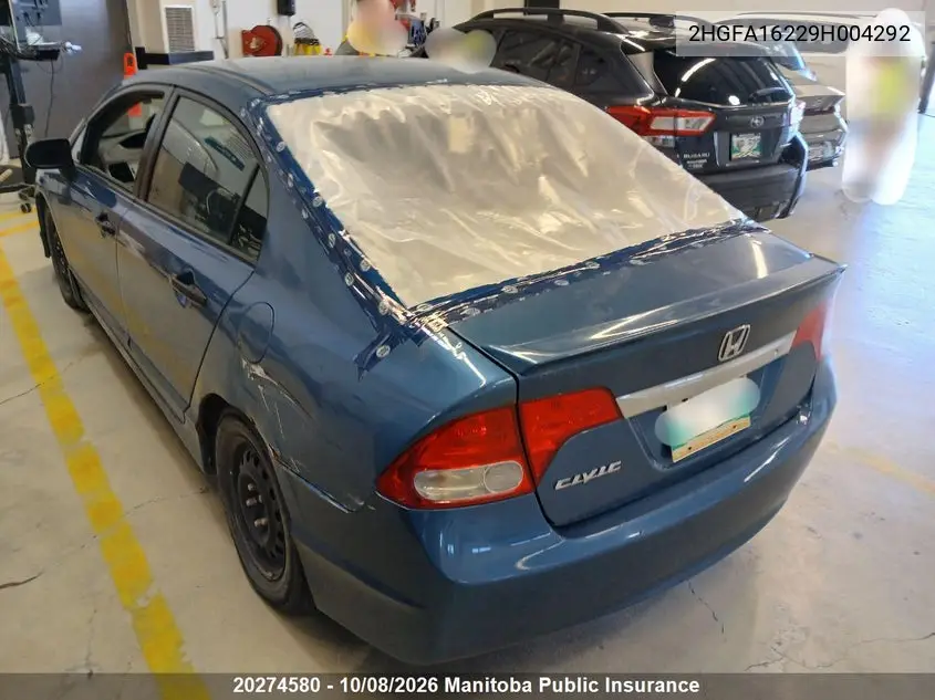 2009 HONDA CIVIC VIN 2HGFA16229H004292 — фото 3