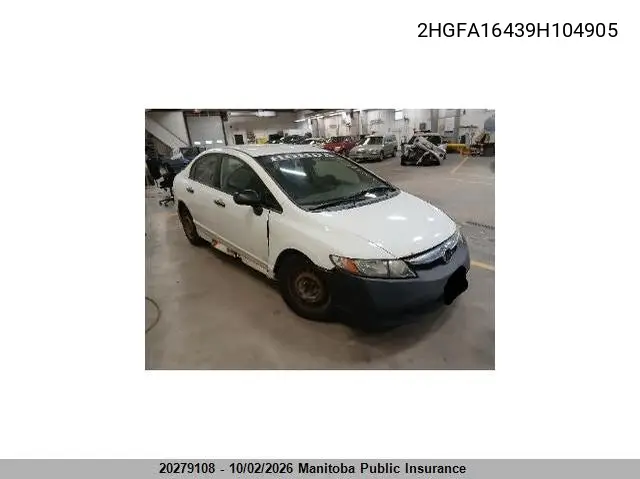 HONDA CIVIC 2009, VIN 2HGFA16439H104905