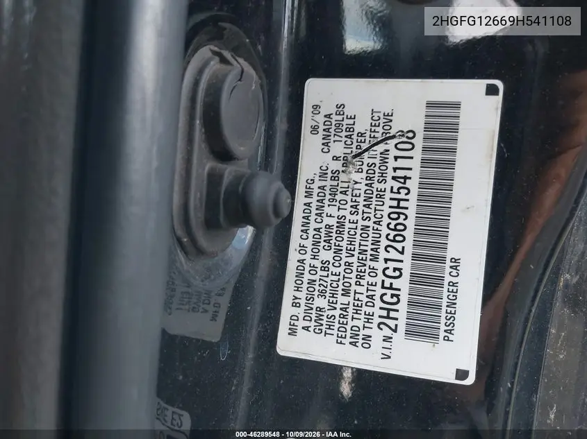 2009 HONDA CIVIC VIN 2HGFG12669H541108 — фото 9