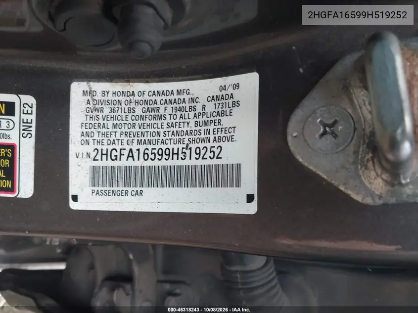 2009 HONDA CIVIC VIN 2HGFA16599H519252 — фото 9
