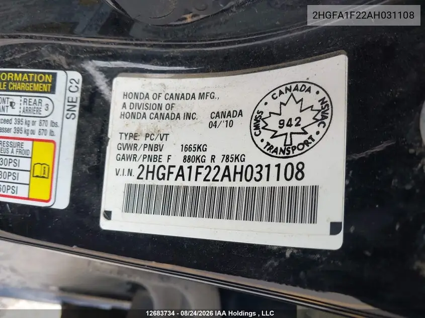 2010 HONDA CIVIC VIN 2HGFA1F22AH031108 — фото 18