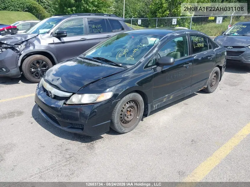 2010 HONDA CIVIC VIN 2HGFA1F22AH031108 — фото 2