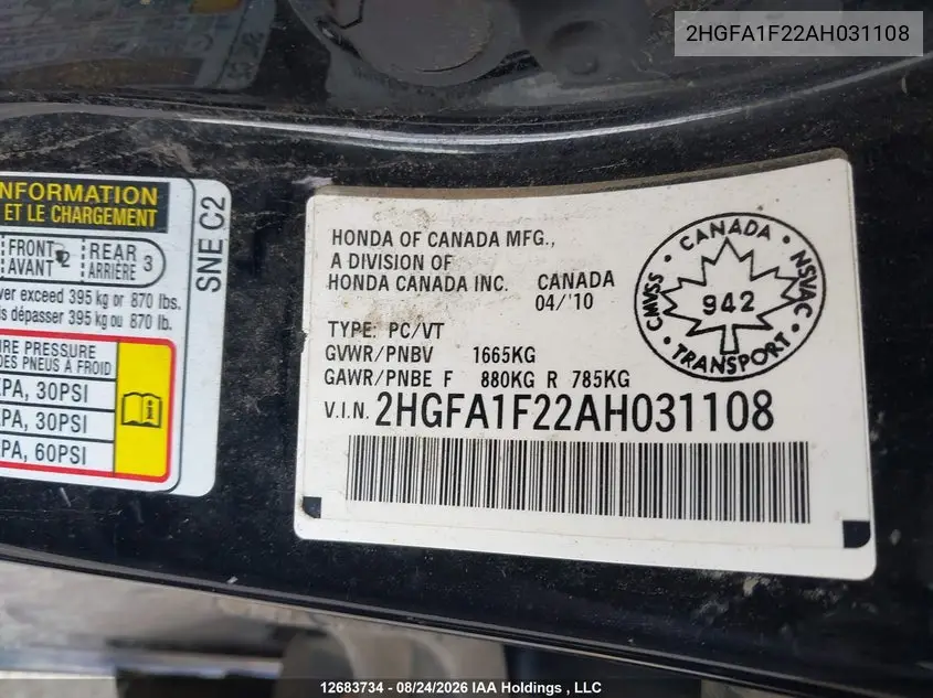 2010 HONDA CIVIC VIN 2HGFA1F22AH031108 — фото 9