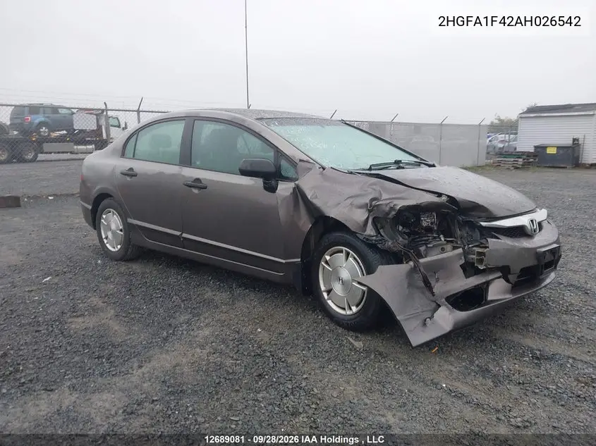 HONDA CIVIC 2010, VIN 2HGFA1F42AH026542