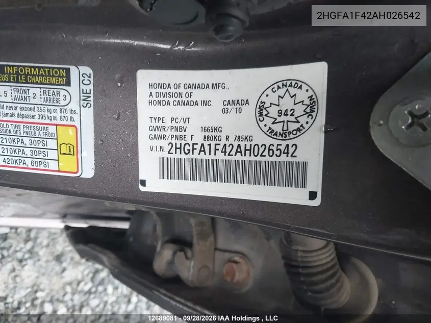 2010 HONDA CIVIC VIN 2HGFA1F42AH026542 — фото 9