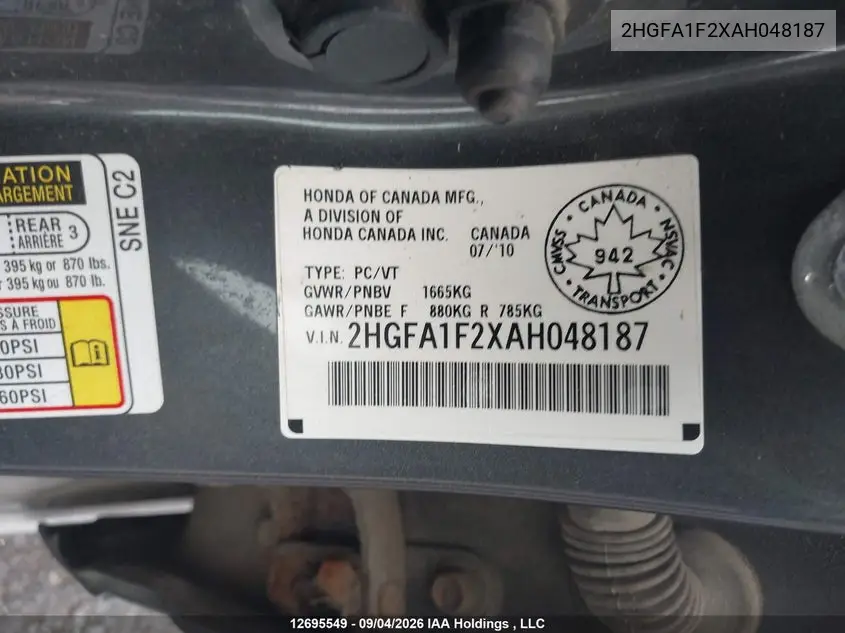 2010 HONDA CIVIC VIN 2HGFA1F2XAH048187 — фото 19