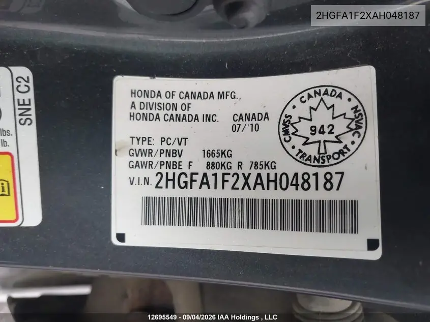 2010 HONDA CIVIC VIN 2HGFA1F2XAH048187 — фото 9