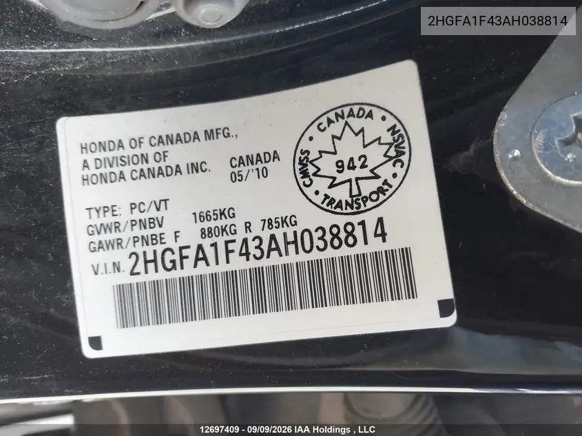 2010 HONDA CIVIC VIN 2HGFA1F43AH038814 — фото 9