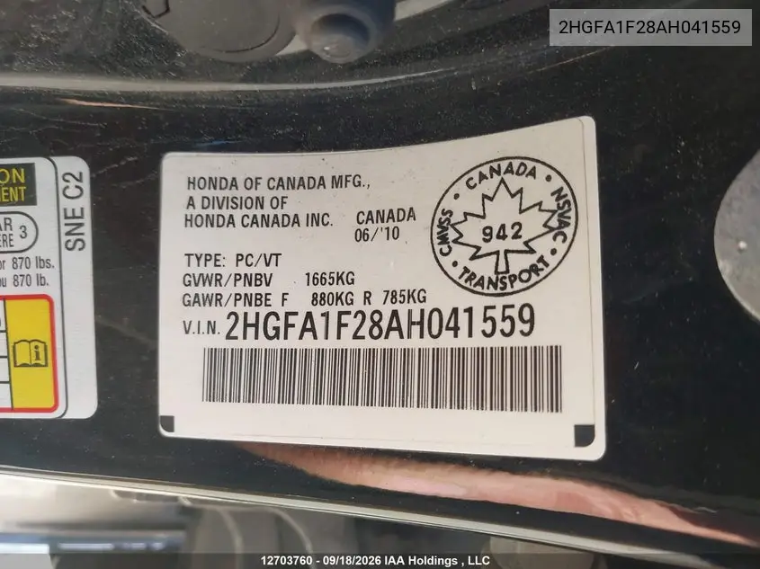 2010 HONDA CIVIC VIN 2HGFA1F28AH041559 — фото 9
