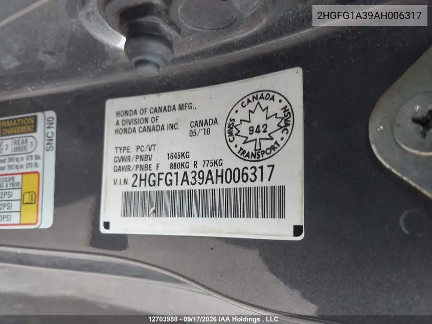 2010 HONDA CIVIC VIN 2HGFG1A39AH006317 — фото 9