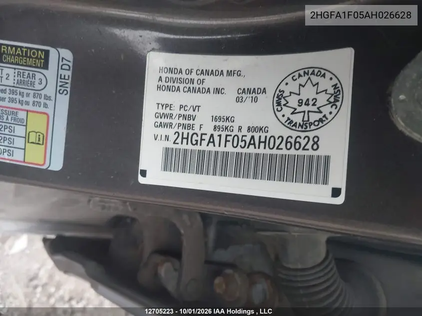2010 HONDA CIVIC VIN 2HGFA1F05AH026628 — фото 21