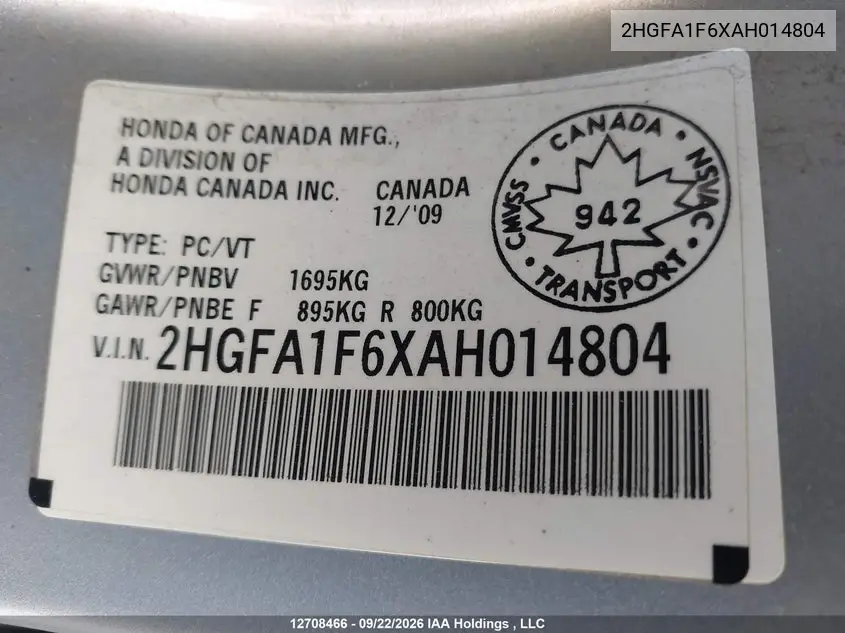 2010 HONDA CIVIC VIN 2HGFA1F6XAH014804 — фото 18