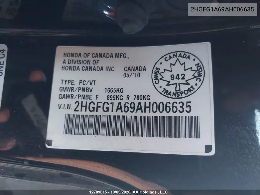 2010 HONDA CIVIC VIN 2HGFG1A69AH006635 — фото 19