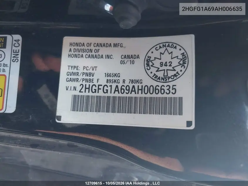 2010 HONDA CIVIC VIN 2HGFG1A69AH006635 — фото 9