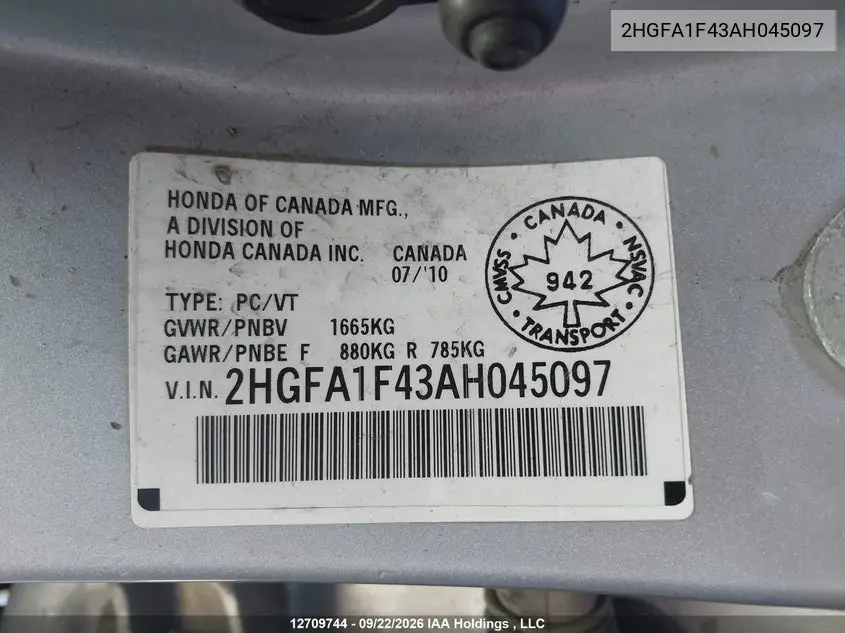 2010 HONDA CIVIC VIN 2HGFA1F43AH045097 — фото 22