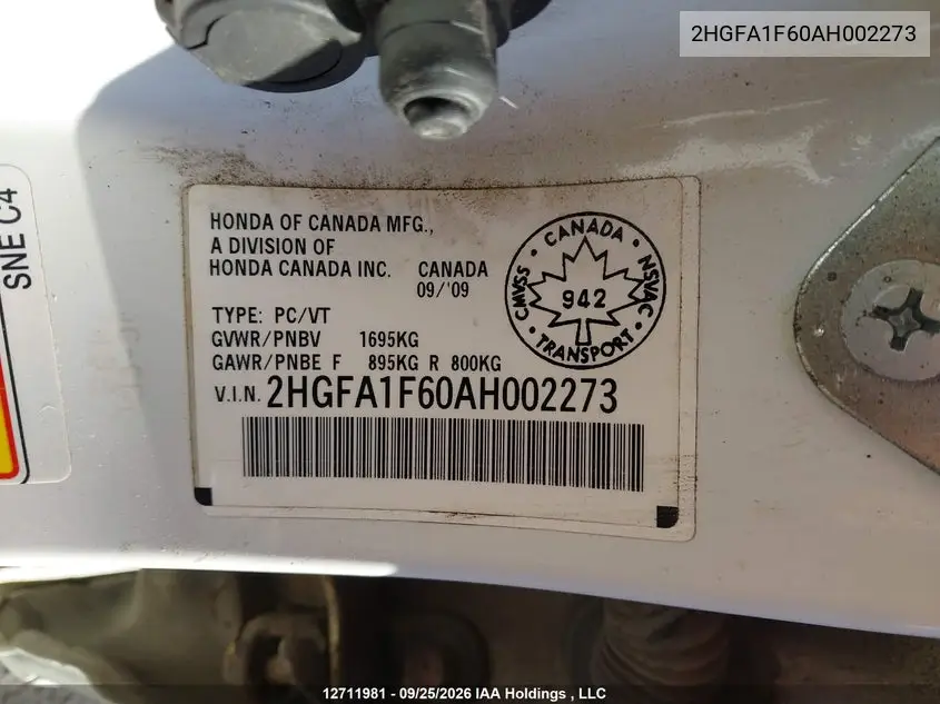 2010 HONDA CIVIC VIN 2HGFA1F60AH002273 — фото 9