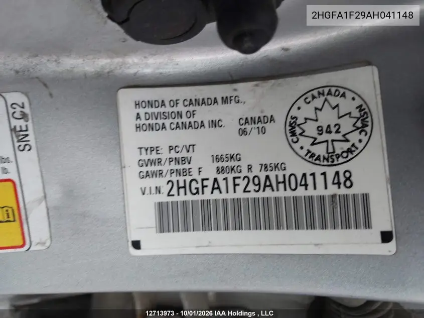 2010 HONDA CIVIC VIN 2HGFA1F29AH041148 — фото 18