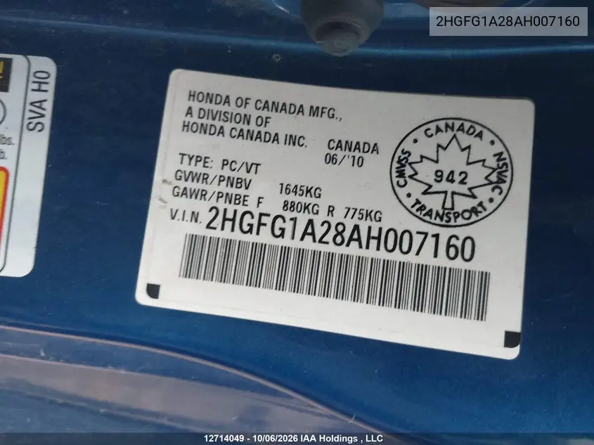 2010 HONDA CIVIC VIN 2HGFG1A28AH007160 — фото 18