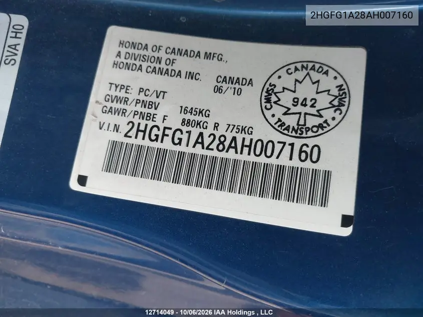 2010 HONDA CIVIC VIN 2HGFG1A28AH007160 — фото 9
