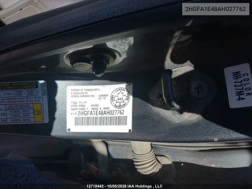 2010 HONDA CIVIC VIN 2HGFA1E48AH027762 — фото 18