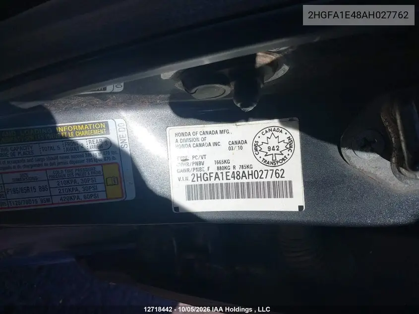 2010 HONDA CIVIC VIN 2HGFA1E48AH027762 — фото 9