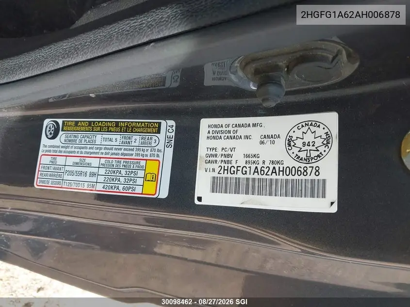 2010 HONDA CIVIC VIN 2HGFG1A62AH006878 — фото 9