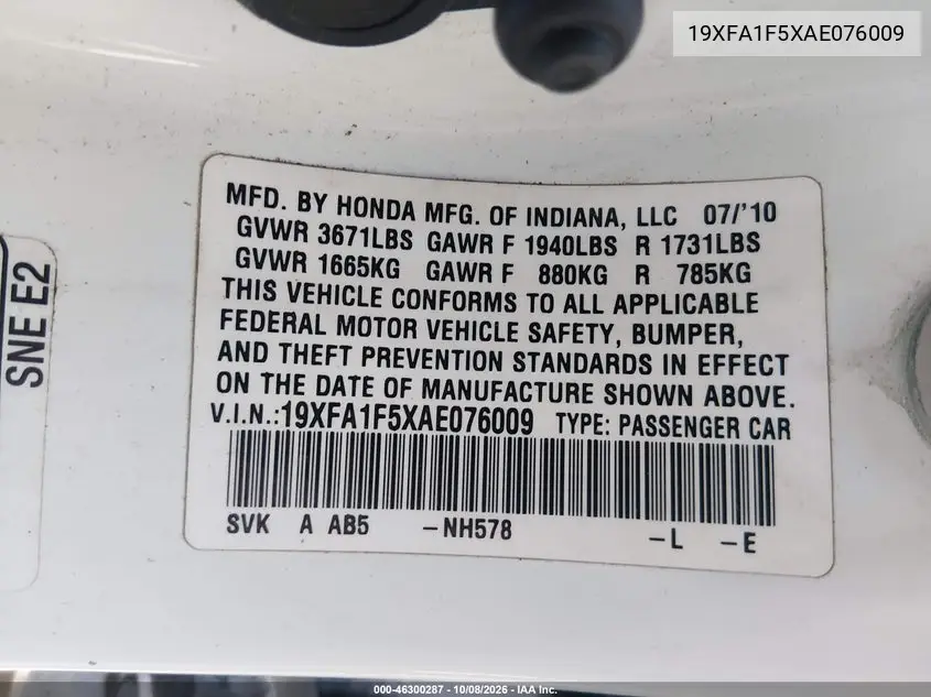 2010 HONDA CIVIC VIN 19XFA1F5XAE076009 — фото 9