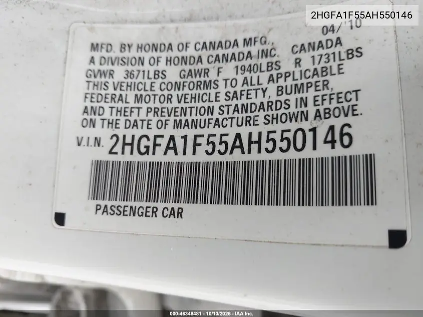 2010 HONDA CIVIC VIN 2HGFA1F55AH550146 — фото 9
