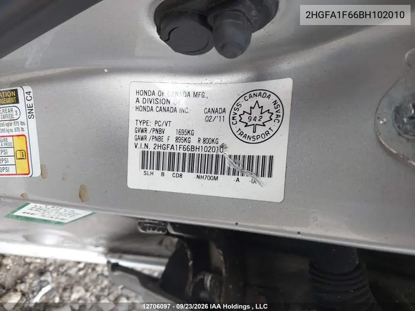 2011 HONDA CIVIC VIN 2HGFA1F66BH102010 — фото 17