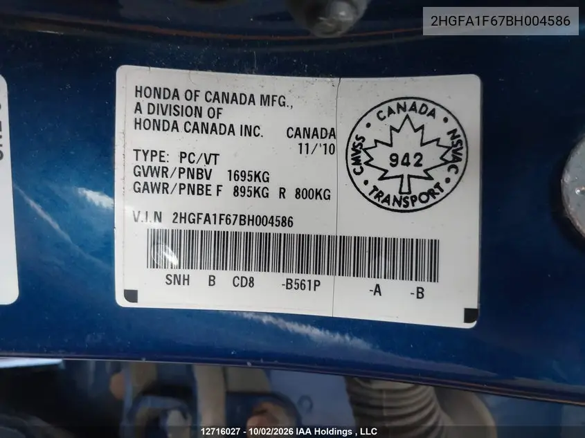 2011 HONDA CIVIC VIN 2HGFA1F67BH004586 — фото 9