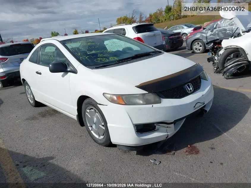 HONDA CIVIC 2011, VIN 2HGFG1A36BH000492