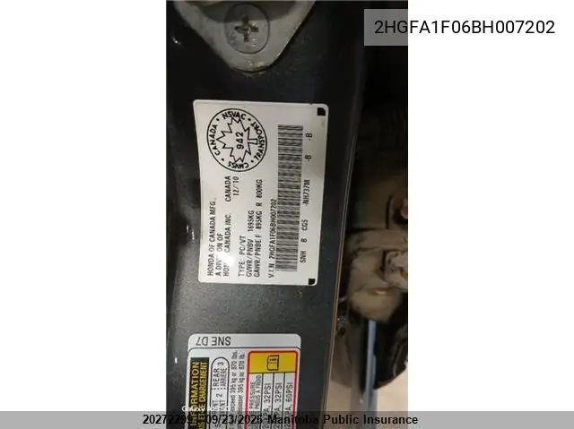 2011 HONDA CIVIC VIN 2HGFA1F06BH007202 — фото 2