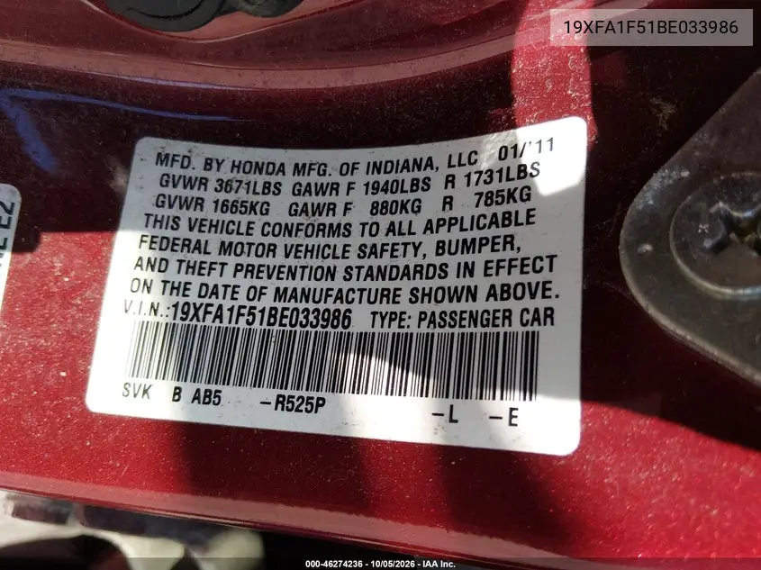 2011 HONDA CIVIC VIN 19XFA1F51BE033986 — фото 9