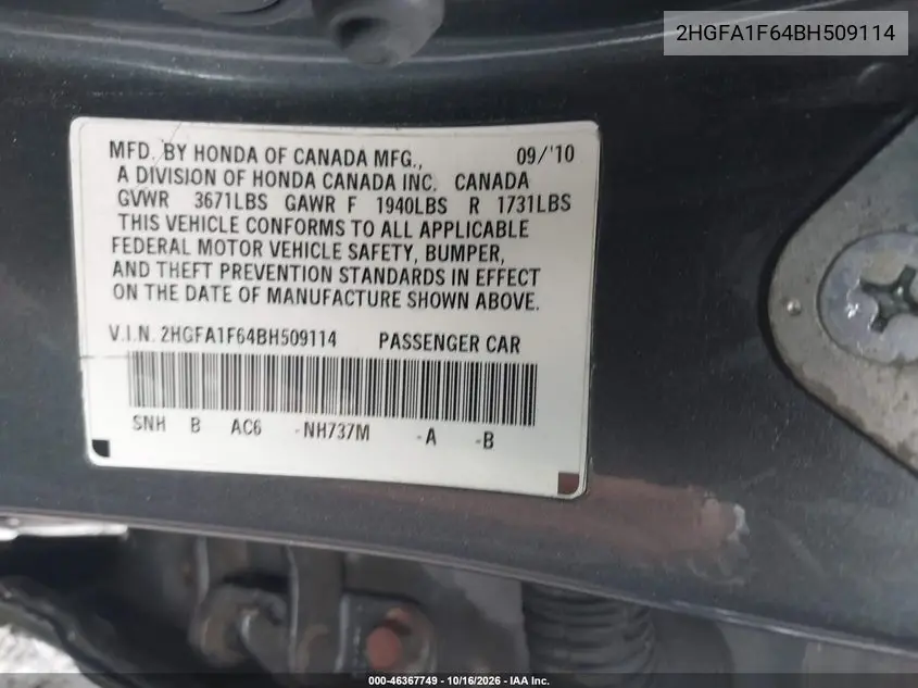 2011 HONDA CIVIC VIN 2HGFA1F64BH509114 — фото 2
