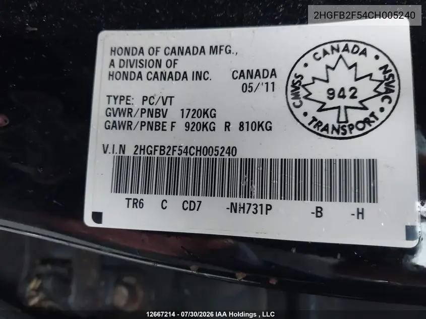 2012 HONDA CIVIC VIN 2HGFB2F54CH005240 — фото 9