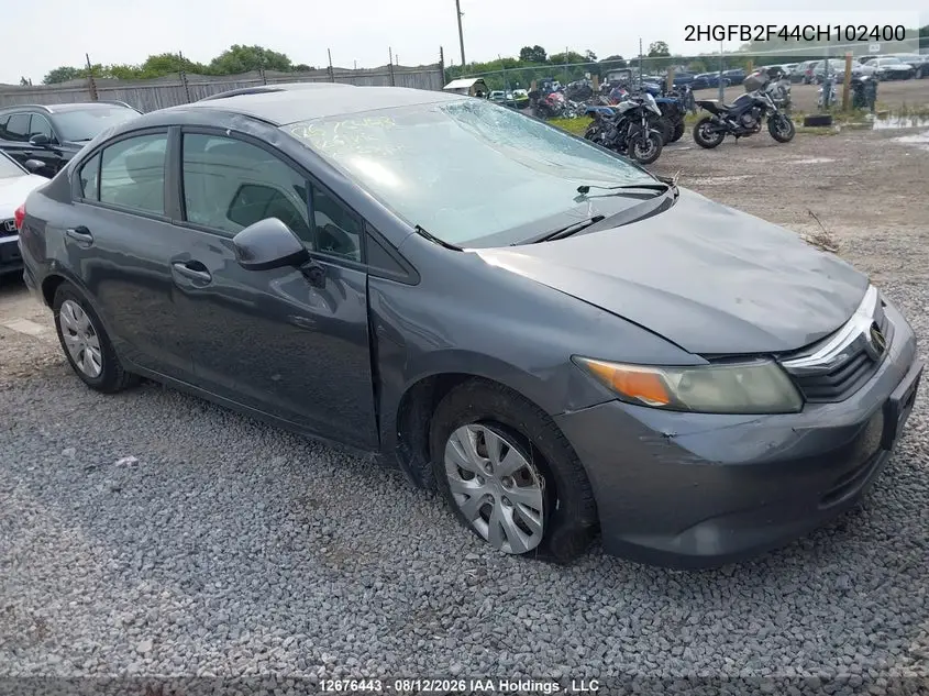 HONDA CIVIC 2012, VIN 2HGFB2F44CH102400