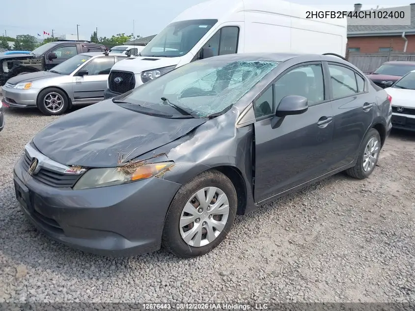 2012 HONDA CIVIC VIN 2HGFB2F44CH102400 — фото 2