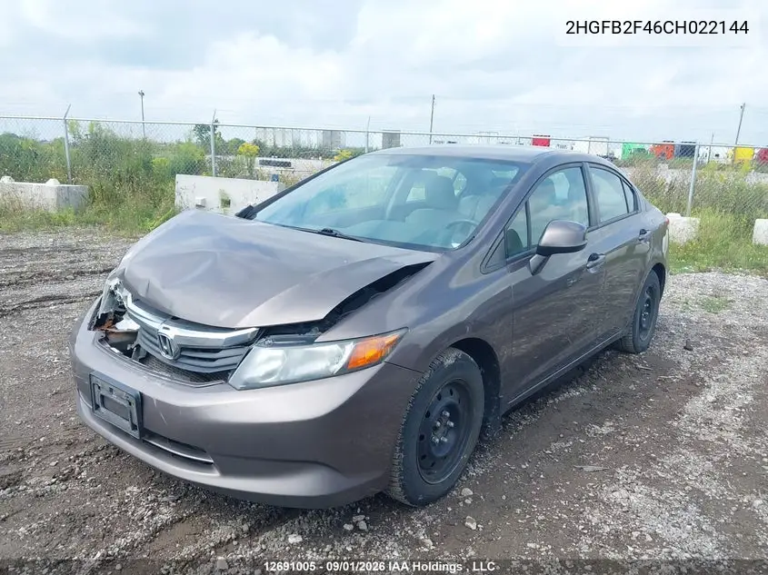 2012 HONDA CIVIC VIN 2HGFB2F46CH022144 — фото 2