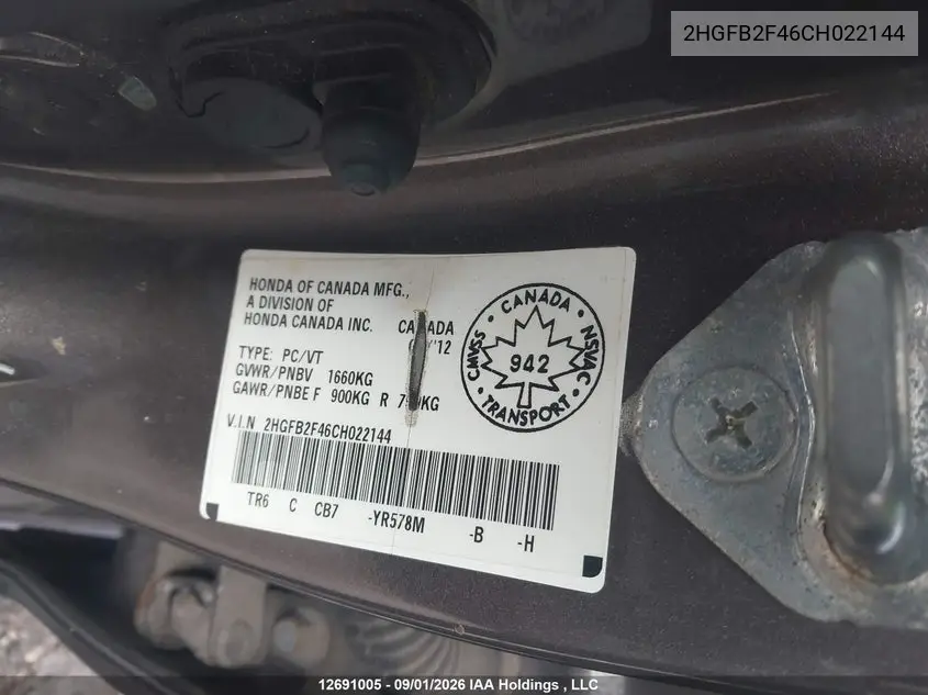 2012 HONDA CIVIC VIN 2HGFB2F46CH022144 — фото 9