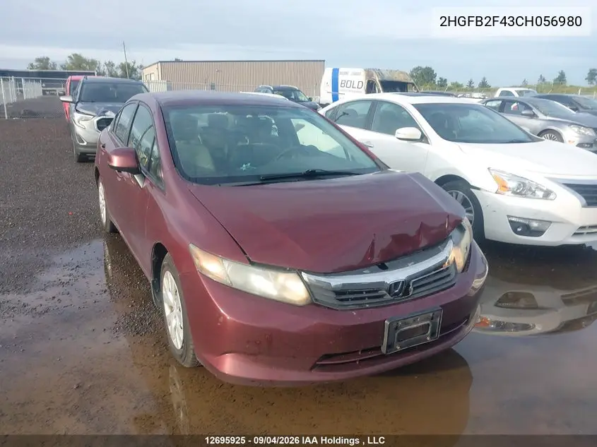 HONDA CIVIC 2012, VIN 2HGFB2F43CH056980