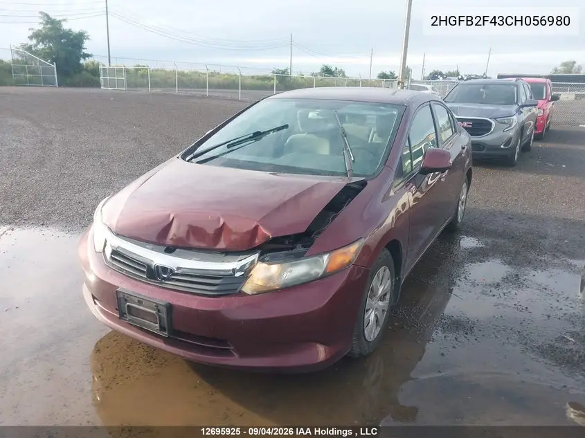 2012 HONDA CIVIC VIN 2HGFB2F43CH056980 — фото 2