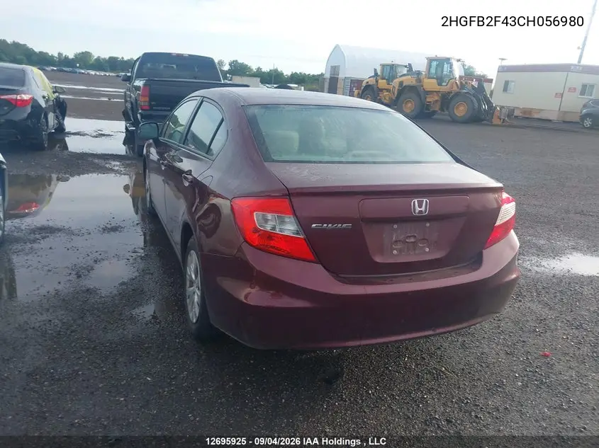 2012 HONDA CIVIC VIN 2HGFB2F43CH056980 — фото 3