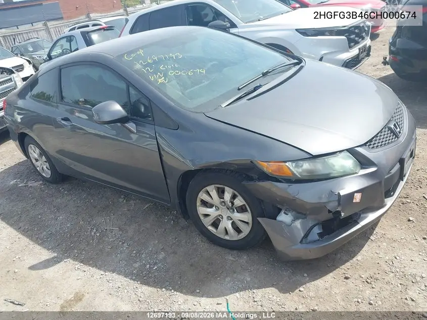 HONDA CIVIC 2012, VIN 2HGFG3B46CH000674